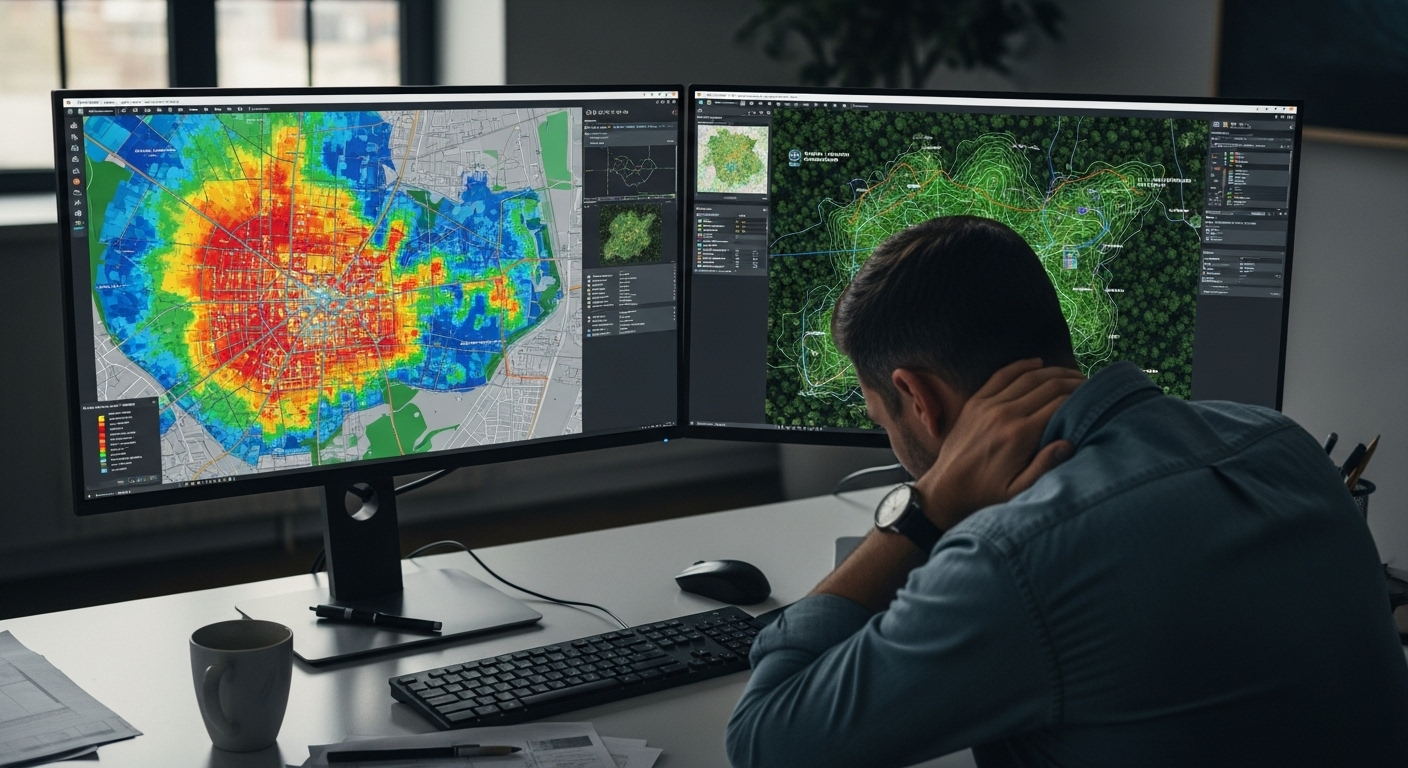 Geospatial professional experiencing pipeline stress while analyzing complex GIS heatmaps, LiDAR terrain data and urban planning layers on dual ultrawide monitors
